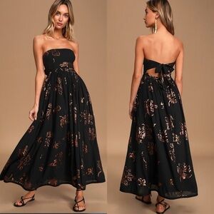 Free People Baja babe strapless midi cotton black metallic print dress XS